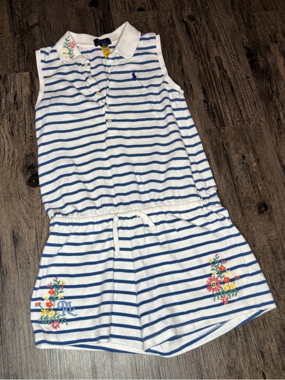 Polo Ralph Lauren Big Girls Embroidered Floral Romper Sleeveless Striped Romper